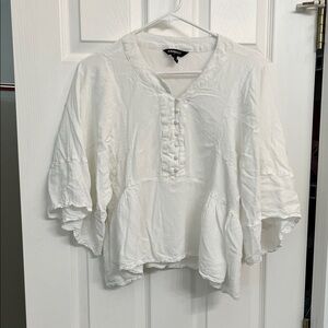 Express White Button-Front Peasant Top with Flutter Sleeves
